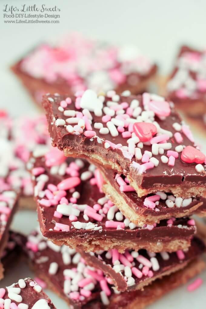 Valentine's Day Saltine Toffee with a bite out of it