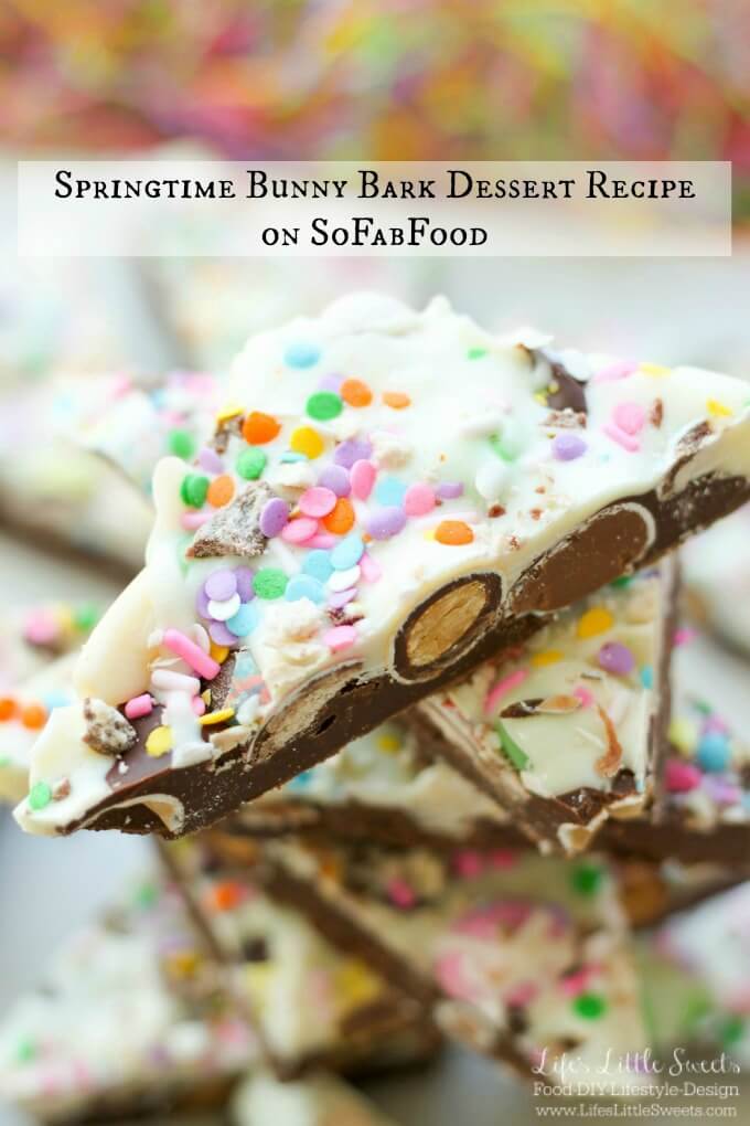 This SpringtimeBunny Bark Dessert recipe is perfect for Easter and every day treat making. Semi-sweet chocolate, themed candy, white chocolate, and colorful sprinkles make up this a fun and easy dessert. @sofabfood #ad #SoFabFood