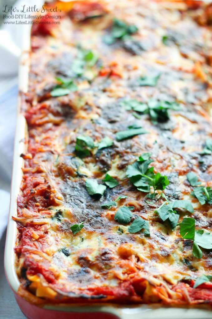 This Vegetarian Lasagna is packed with vegetables including sauteed baby spinach and Crimini (Baby Bella) mushrooms, grated zucchini and topped with Italian parsley. It also has ricotta and mozzarella cheese with oregano which adds to it's delicious flavor. Feed a crowd and feed your family with this hearty dish!