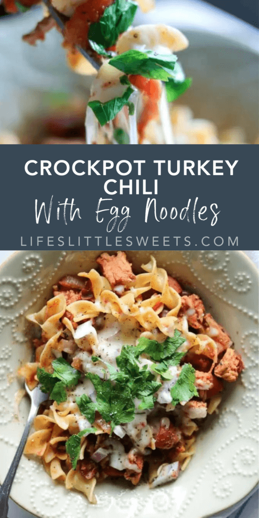 crockpot turkey chili with egg noodles with text overaly