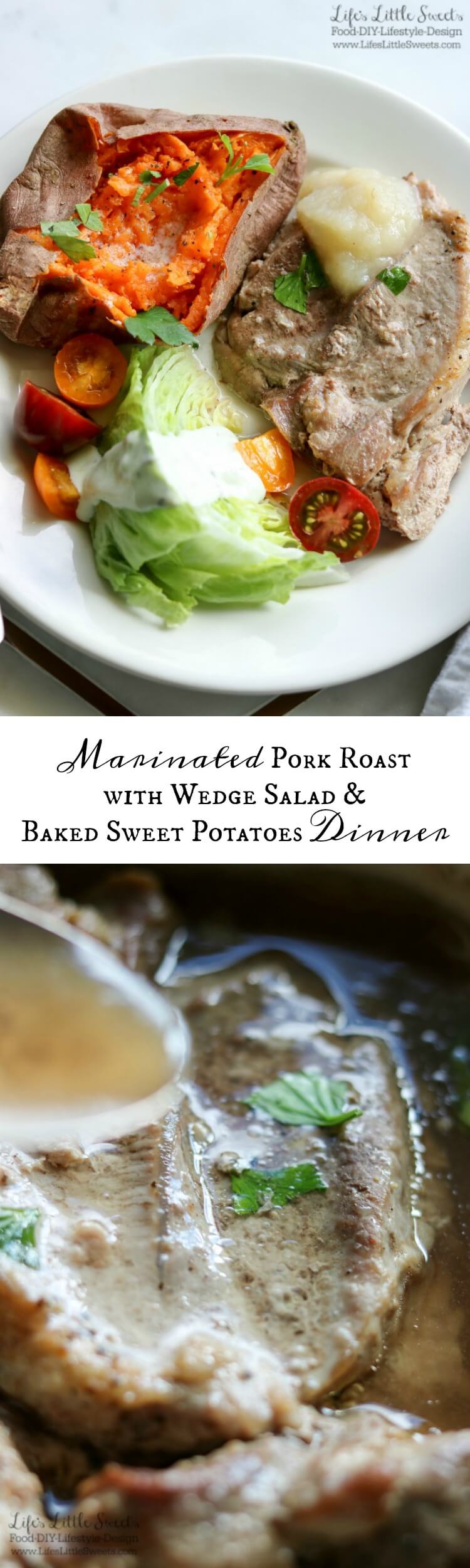 Marinated Pork Roast with Wedge Salad and Baked Sweet Potatoes Dinner is a savory, a little sweet and fresh dinner, perfect for when you need dinner on the table in 30 minutes. This recipe has Smithfield® Marinated Fresh Pork. #ad #RealFlavorRealFast #CollectiveBias @walmart