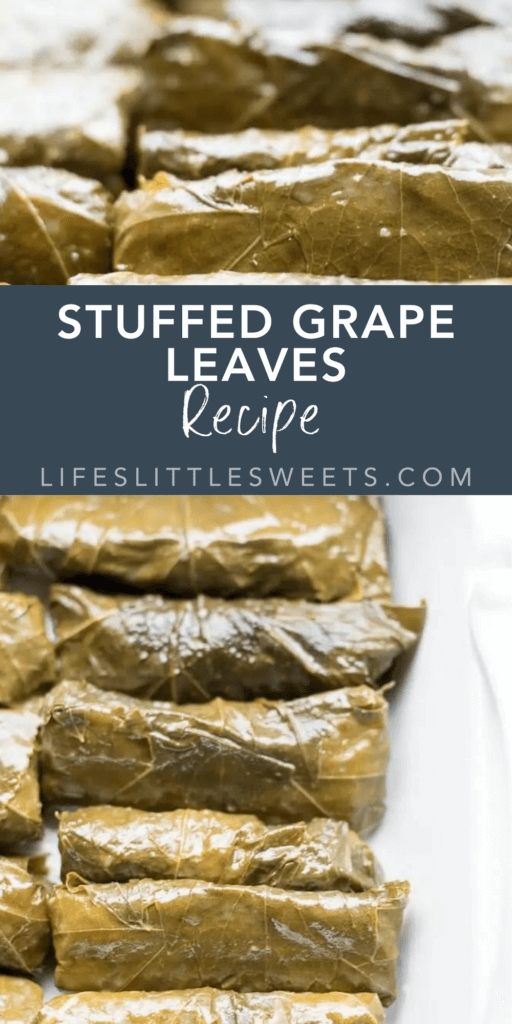 stuffed grape leaves recipe with text overlay