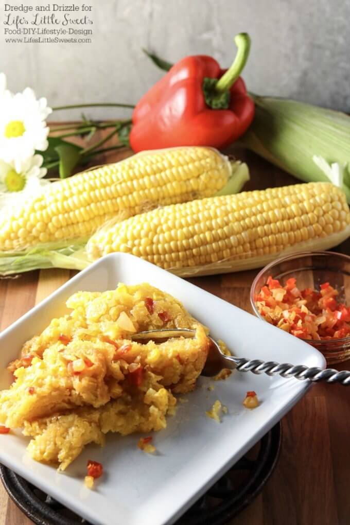 Delicious and satisfying | If there were a non-traditional dessert you could eat right along with a meal, this Corn Soufflé would be it. It’s creamy and sweet and uses corn three ways; fresh corn right off the cob, creamed corn, and corn meal. Corn Soufflé is the perfect side dish to a cookout, weeknight dinner, or holiday meal. Little nuggets of onion and sweet red bell pepper give it even more fresh-from-the-garden flavors. Dredge and Drizzle for www.lifeslittlesweets.com 