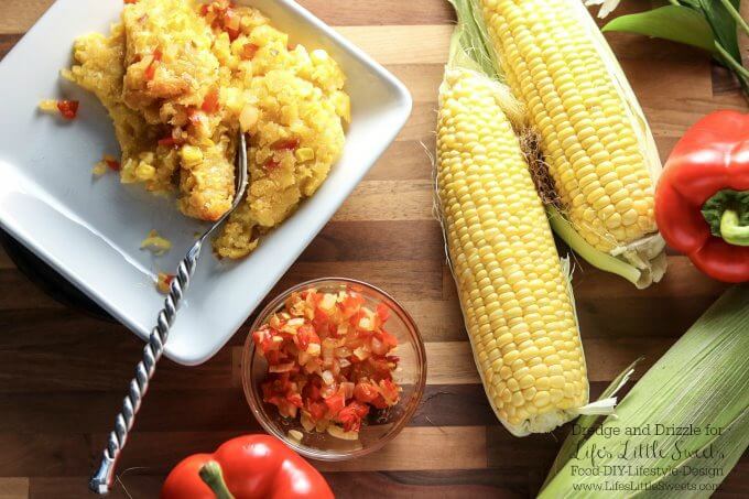 A classic corn casserole recipe | If there were a non-traditional dessert you could eat right along with a meal, this Corn Soufflé would be it. It’s creamy and sweet and uses corn three ways; fresh corn right off the cob, creamed corn, and corn meal. Corn Soufflé is the perfect side dish to a cookout, weeknight dinner, or holiday meal. Little nuggets of onion and sweet red bell pepper give it even more fresh-from-the-garden flavors. Dredge and Drizzle for www.lifeslittlesweets.com 