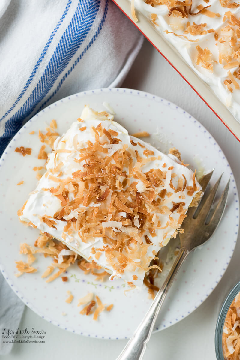 This Perfect Coconut Cream Lush Dessert Recipe recipe is light, creamy and filled with coconut deliciousness. It's a one-pan dessert that feeds a crowd and even has a no-bake crust option for those hot weather days.