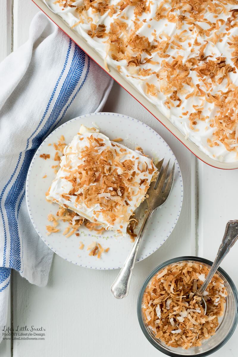 This Perfect Coconut Cream Lush Dessert Recipe recipe is light, creamy and filled with coconut deliciousness. It's a one-pan dessert that feeds a crowd and even has a no-bake crust option for those hot weather days.