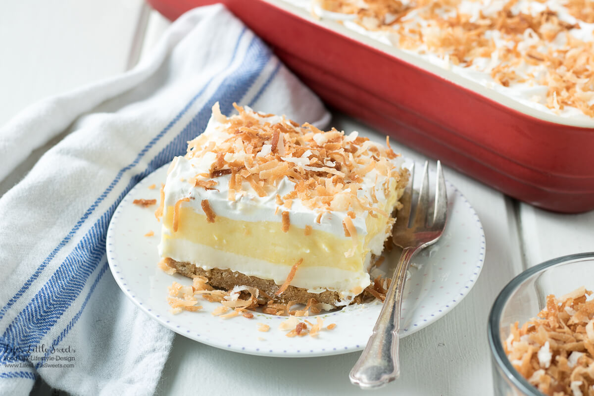 This Perfect Coconut Cream Lush Dessert Recipe recipe is light, creamy and filled with coconut deliciousness. It's a one-pan dessert that feeds a crowd and even has a no-bake crust option for those hot weather days.