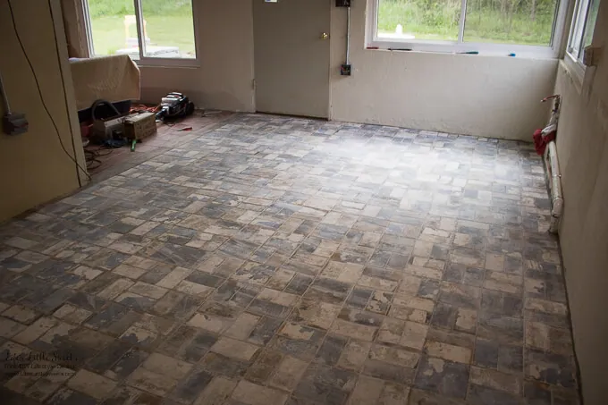 36. All the tile is done! Whew! With just a few areas that need to be grouted and cleaned the tile floor is in by Sunday evening! | Kitchen Renovation New Tile Floor – Check out the latest from the Life’s Little Sweets home kitchen renovation being our tile floor odyssey this past week (and other updates with 45 photos!)