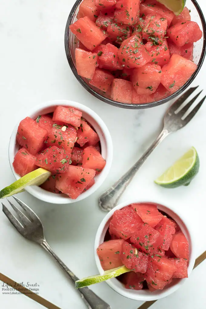 At the table | This Watermelon Lime Mint Salad recipe is light, hydrating, refreshing and the perfect fruit salad for the Spring and Summer months. With zesty lime and refreshing mint, this cooling salad is sure to please on those hot days. www.LifesLittleSweets.com 