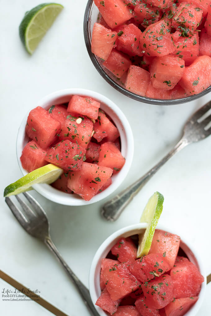 Ready to eat | This Watermelon Lime Mint Salad recipe is light, hydrating, refreshing and the perfect fruit salad for the Spring and Summer months. With zesty lime and refreshing mint, this cooling salad is sure to please on those hot days. www.LifesLittleSweets.com 