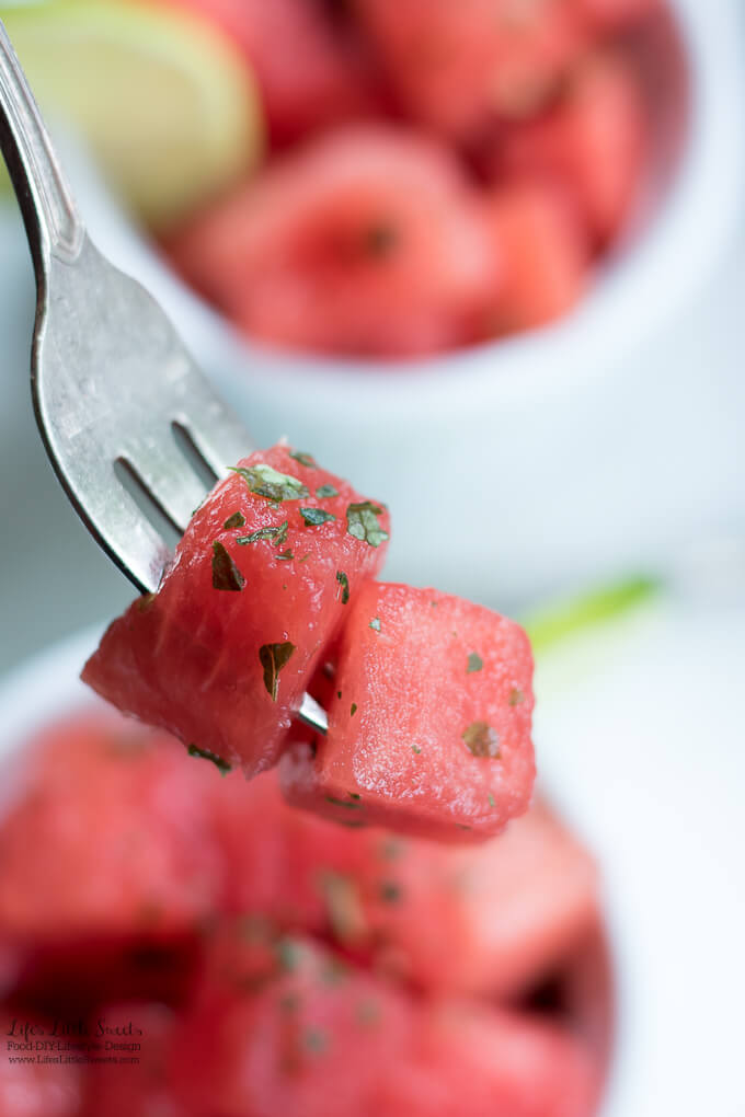 Bite | This Watermelon Lime Mint Salad recipe is light, hydrating, refreshing and the perfect fruit salad for the Spring and Summer months. With zesty lime and refreshing mint, this cooling salad is sure to please on those hot days. www.LifesLittleSweets.com 