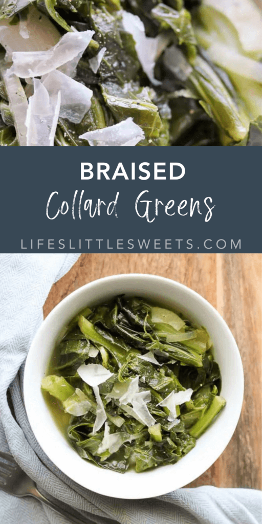 braised collard greens with text overlay