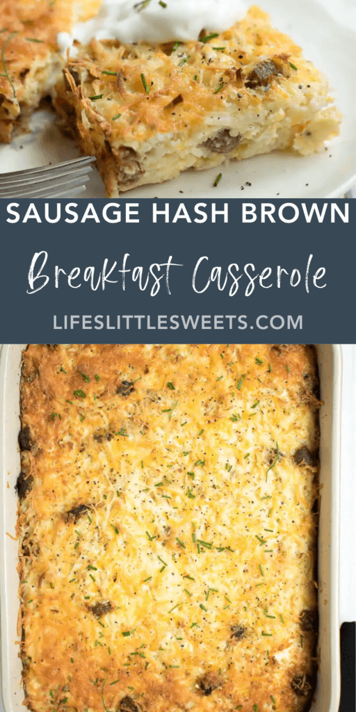 sausage hash brown breakfast casserole with text overlay