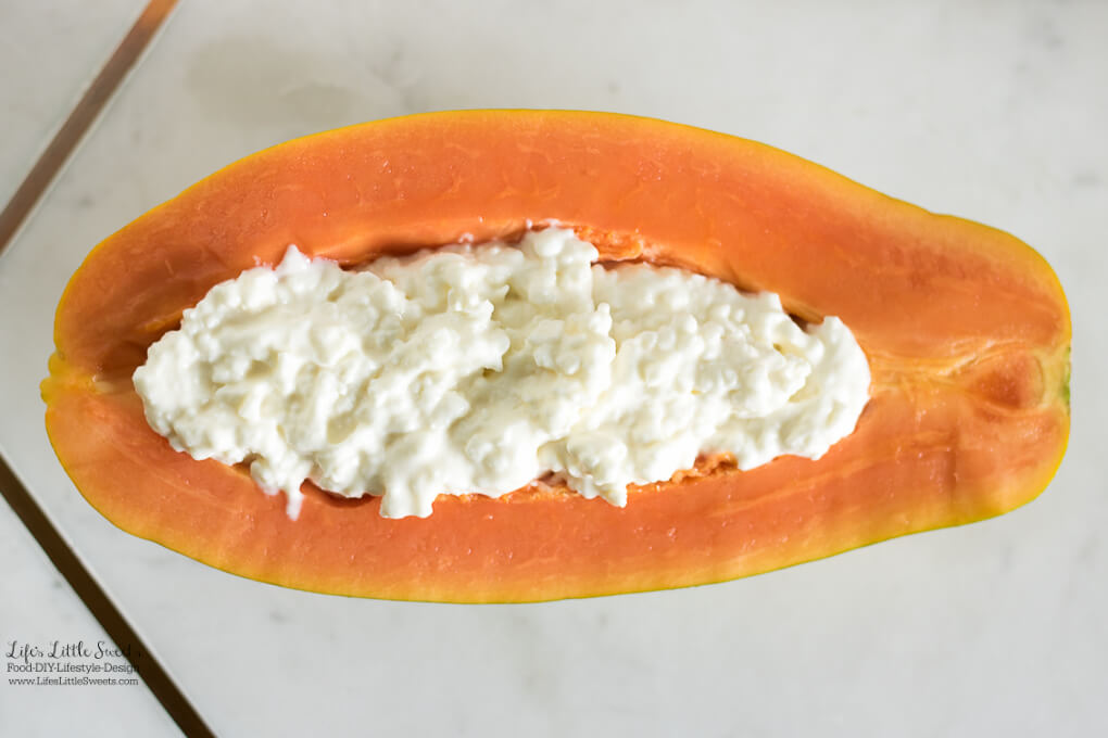A Formosa papaya | Cottage Cheese Papaya is perfect for breakfast or a snack. Ripe, light and sweet papaya is paired with cottage cheese making an easy, healthy and filling breakfast. www.lifeslittlesweets.com
