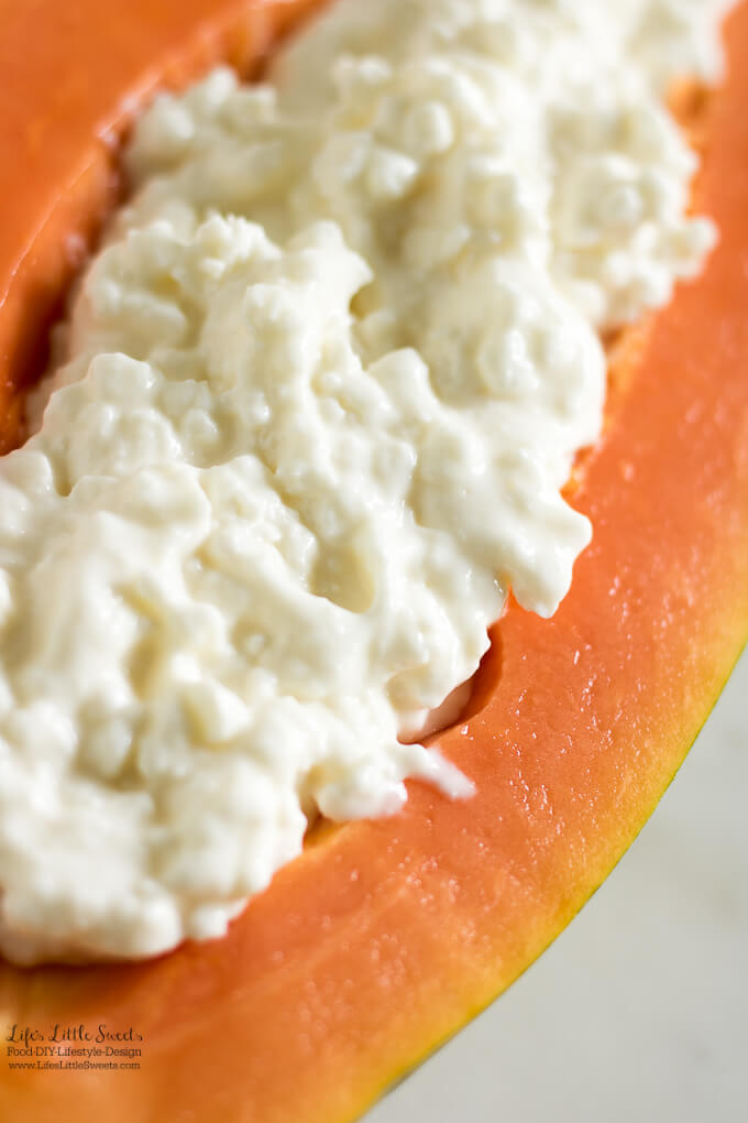 Delicious | Cottage Cheese Papaya is perfect for breakfast or a snack. Ripe, light and sweet papaya is paired with cottage cheese making an easy, healthy and filling breakfast. www.lifeslittlesweets.com