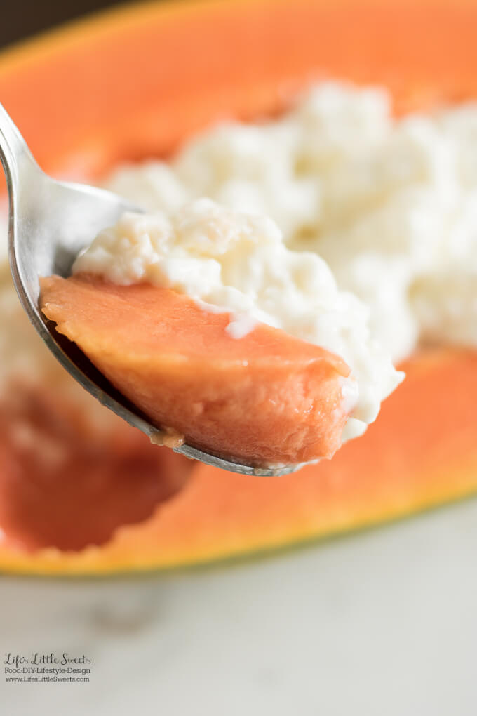 Spoonful | Cottage Cheese Papaya is perfect for breakfast or a snack. Ripe, light and sweet papaya is paired with cottage cheese making an easy, healthy and filling breakfast. www.lifeslittlesweets.com