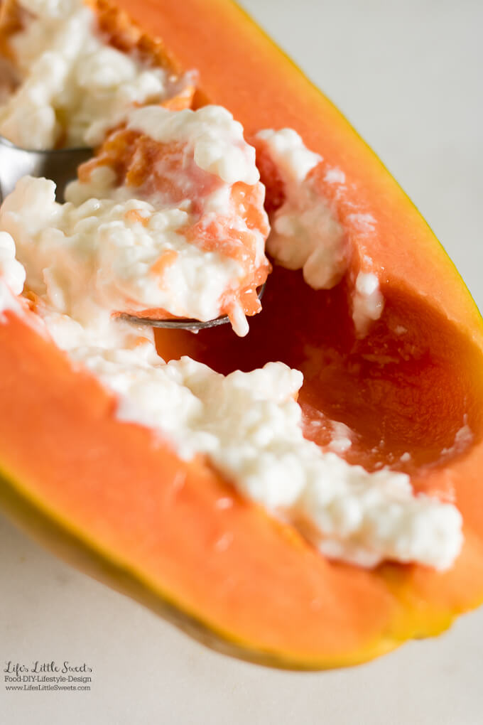 Satisfying | Cottage Cheese Papaya is perfect for breakfast or a snack. Ripe, light and sweet papaya is paired with cottage cheese making an easy, healthy and filling breakfast. www.lifeslittlesweets.com