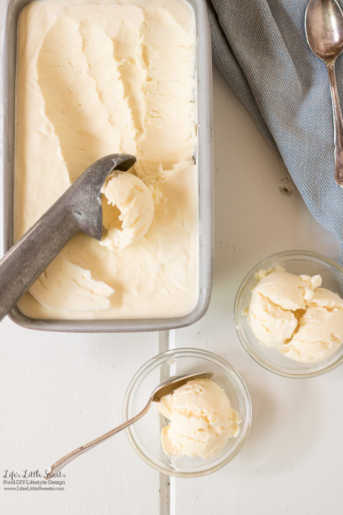 This 3-ingredient, No-Churn Vanilla Ice Cream is creamy, scoopable and delightful over your favorite dessert. (makes 1 loaf pan) www.lifeslittlesweets.com