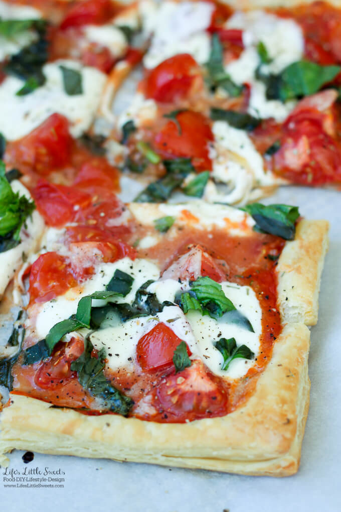 This Tomato Basil Mozzarella Puff Pastry Tart recipe is an easy, Summer-y and savory meal to make. No pizza dough making required! #pizza #tart #tomato #basil #puffpastry #recipe #Mozzarella #tomatosauce #caprese