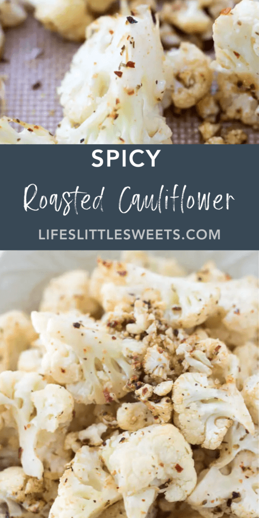 spicy roasted cauliflower with text overlay