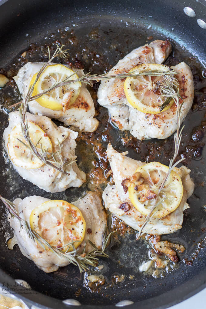 overhead view of chicken thighs in a skillet