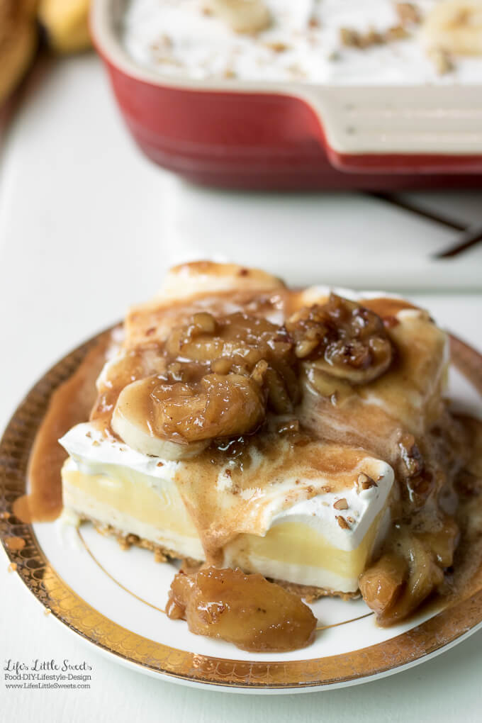 This Banana Cream Lush with Bananas Foster Sauce Recipe is 2 lush recipes in one because it is also a Banana Cream Lush.  A rum-infused, banana-caramel sauce brings this Classic Banana Cream Lush Layered dessert to a whole new level.