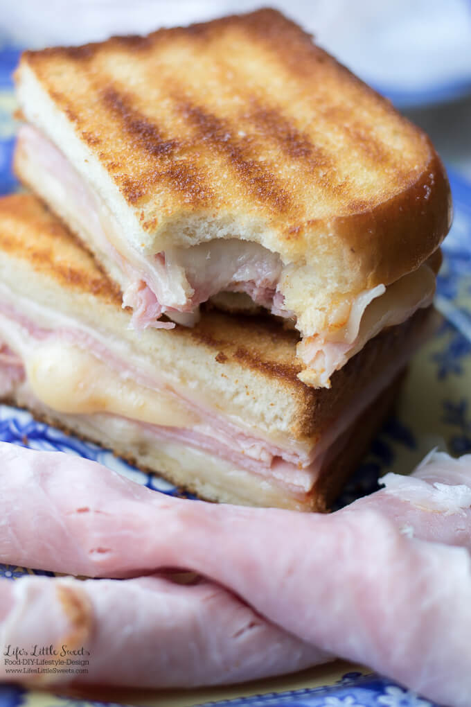 This Grilled Cheese Ham Sandwich has 2 kinds of cheese, Eckrich Virginia Brand Ham and sliced bread.