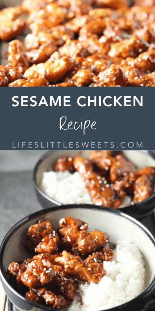 sesame chicken recipe with text overlay