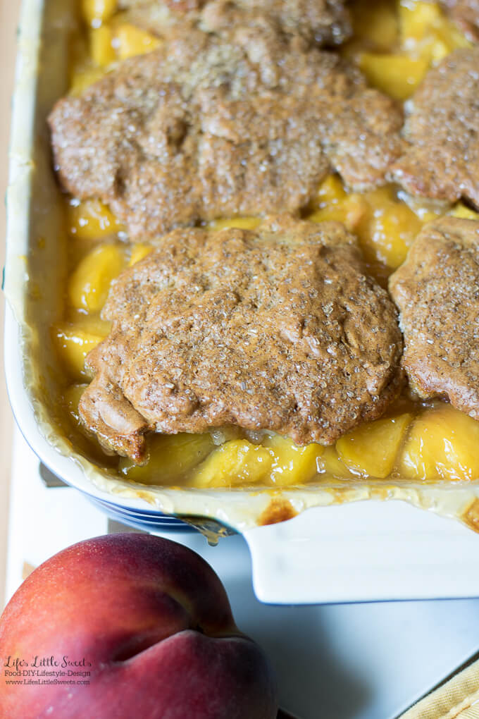 This Peach Cobbler Recipe has fresh, ripe peaches with a crisp, biscuit on top. It's wonderful on it's own or served with vanilla ice cream!