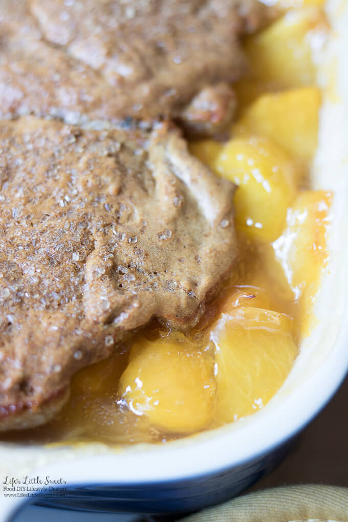This Peach Cobbler Recipe has fresh, ripe peaches with a crisp, biscuit on top. It's wonderful on it's own or served with vanilla ice cream!