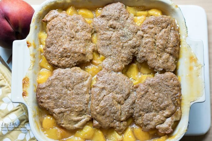 This Peach Cobbler Recipe has fresh, ripe peaches with a crisp, biscuit on top. It's wonderful on it's own or served with vanilla ice cream!