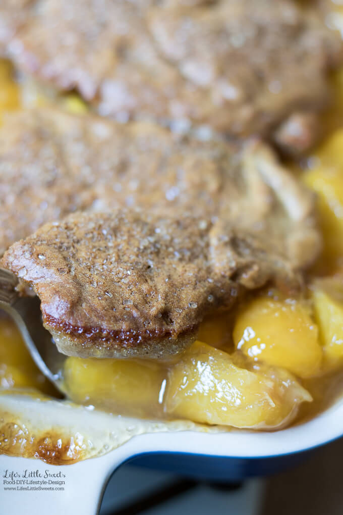 This Peach Cobbler Recipe has fresh, ripe peaches with a crisp, biscuit on top. It's wonderful on it's own or served with vanilla ice cream!