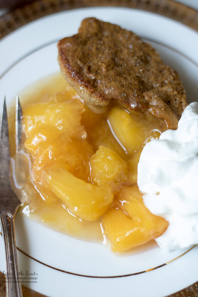 This Peach Cobbler Recipe has fresh, ripe peaches with a crisp, biscuit on top. It's wonderful on it's own or served with vanilla ice cream!