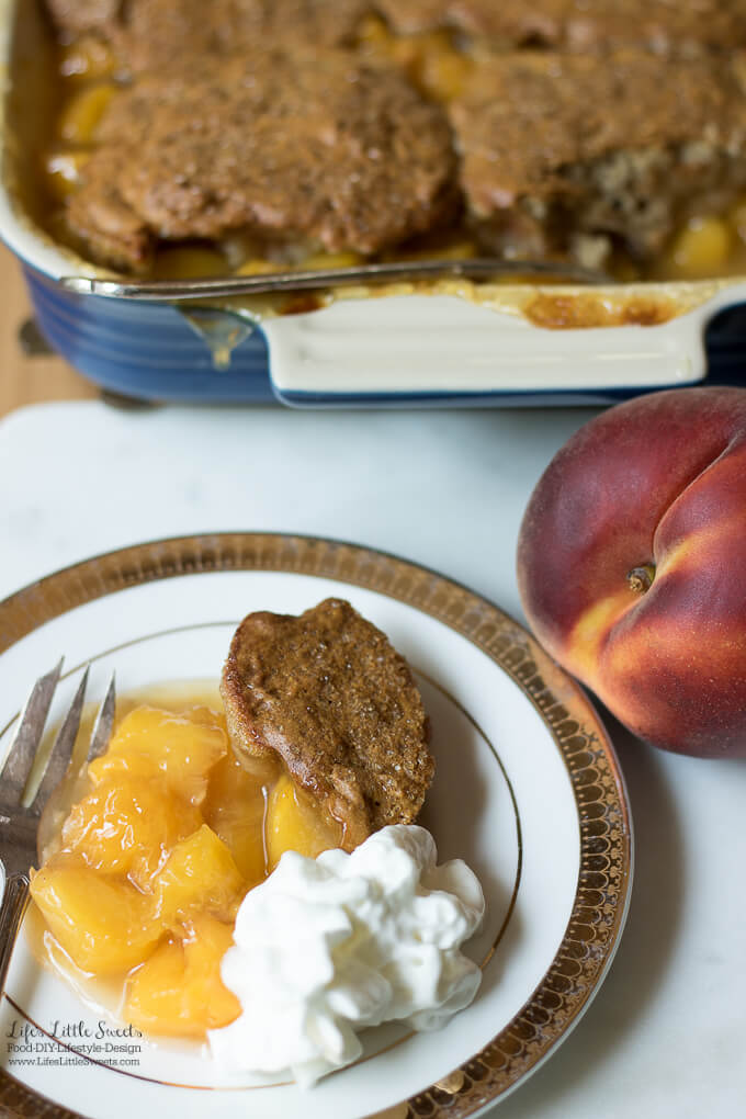 This Peach Cobbler Recipe has fresh, ripe peaches with a crisp, biscuit on top. It's wonderful on it's own or served with vanilla ice cream!