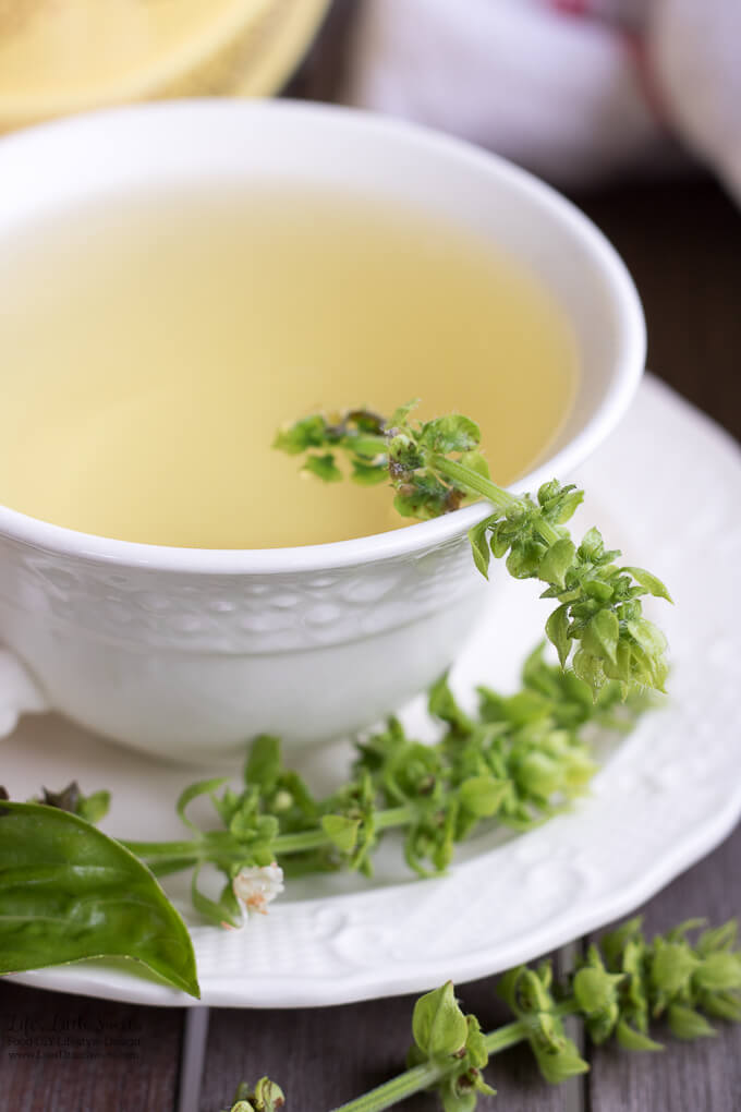 This Fresh Basil Flower Tea is a great way to use up basil flowers and has a subtle mint-y, herb-y and refreshing flavor. (vegan, gluten-free)