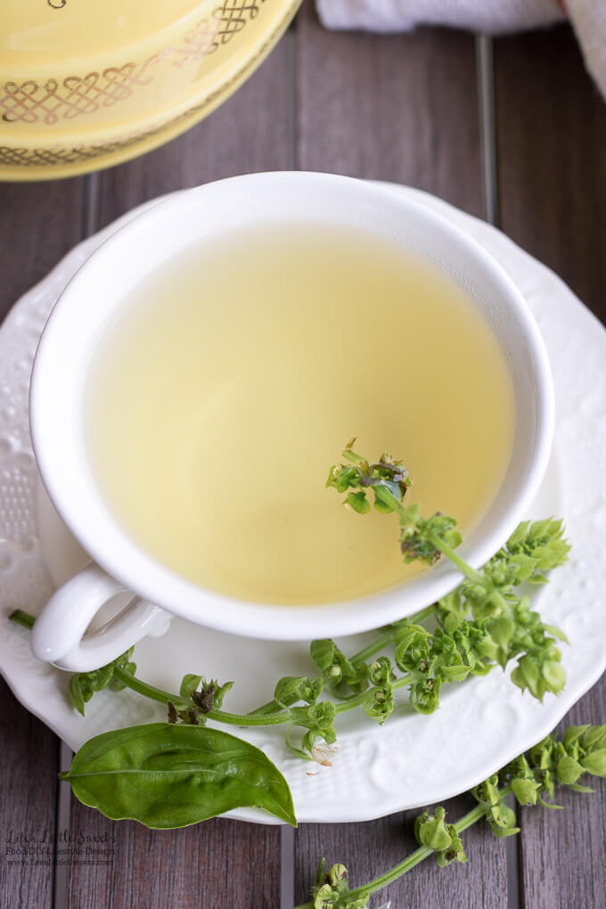 This Fresh Basil Flower Tea is a great way to use up basil flowers and has a subtle mint-y, herb-y and refreshing flavor. (vegan, gluten-free)