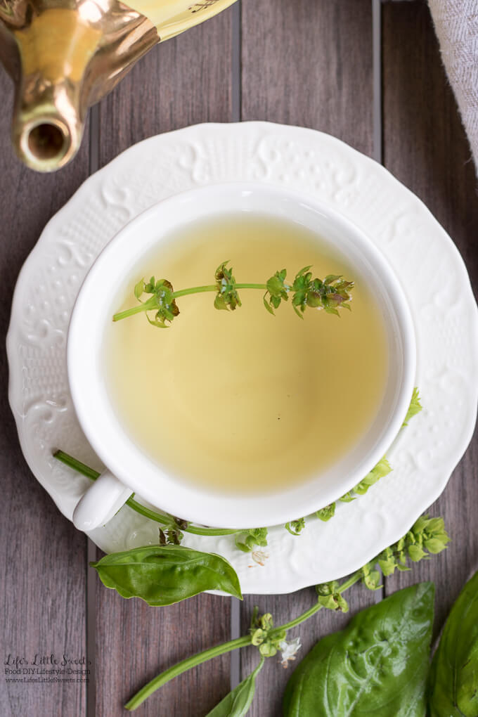 This Fresh Basil Flower Tea is a great way to use up basil flowers and has a subtle mint-y, herb-y and refreshing flavor. (vegan, gluten-free)