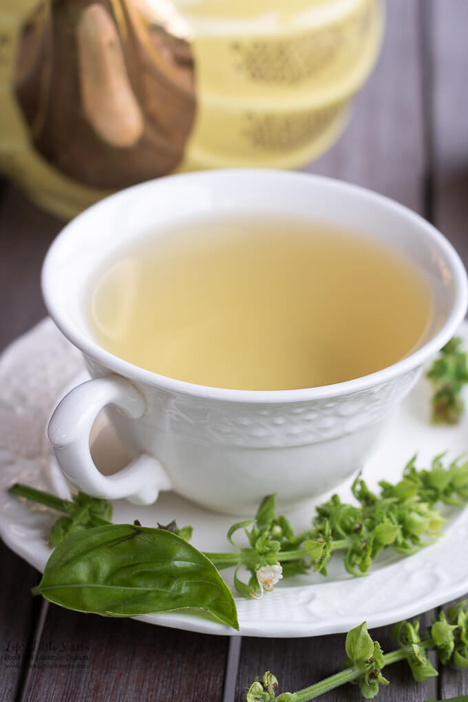 This Fresh Basil Flower Tea is a great way to use up basil flowers and has a subtle mint-y, herb-y and refreshing flavor. (vegan, gluten-free)