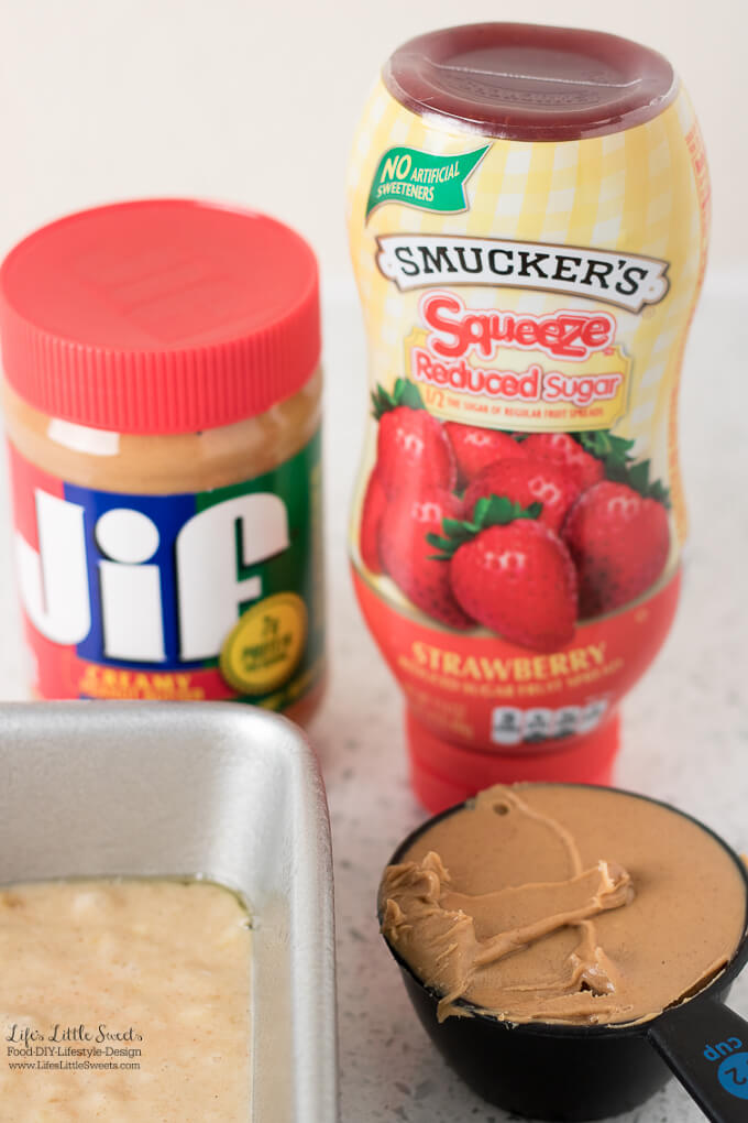 Peanut Butter and Jelly Strawberry Banana Bread is a sweet quick bread recipe which is a different take on the classic PB&J sandwich. It has a ribbon of Smucker’s® Strawberry jam and Jif® Peanut Butter baked inside! #ShopRitePBJLove #CollectiveBias #ad