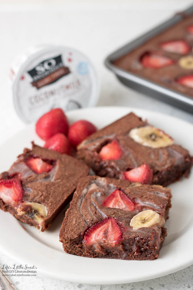 Dairy Free Strawberry Banana Key Lime Marbled Brownies are a chocolate-y, non-dairy, fruity brownies recipe. This recipe uses So Delicious Dairy Free® Strawberry Banana or So Delicious Dairy Free® Key Lime yogurt alternatives on top for a creamy, fudge-y brownie! #DairyFreeGoodness #CollectiveBias #ad @sodelicious