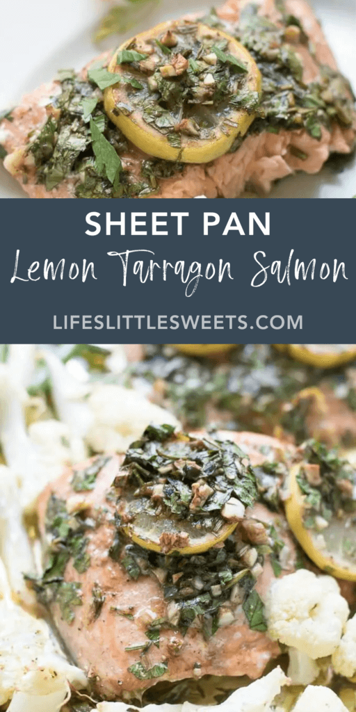 Sheet Pan Lemon Tarragon Salmon Dinner with text overlay