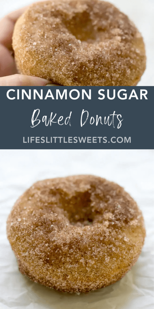cinnamon sugar baked donuts with text overlay