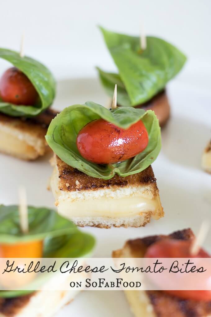 Grilled Cheese Tomato Bites on SoFabFood: These Grilled Cheese Tomato Bites topped with blistered sweet grape tomatoes and fresh basil leaves. This afternoon snack recipe is a great twist on a classic grilled cheese sandwich you can’t resist. #SoFabFood #ad