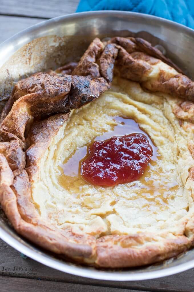This Dutch Baby Pancake Recipe is an alternative to traditional pancakes; one large pancake baked in the oven produces a fluffy, satisfying pancake for breakfast or brunch! (1-2 servings)