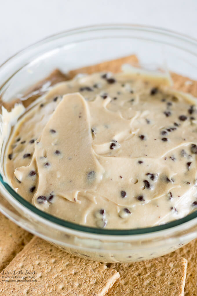Chocolate Chip Cookie Dough Dip Recipe is a sweet, crowd-pleasing, easy recipe that can be served for game day, entertaining or dessert. All the flavors of Chocolate Chip Cookie Dough without the eggs or flour!