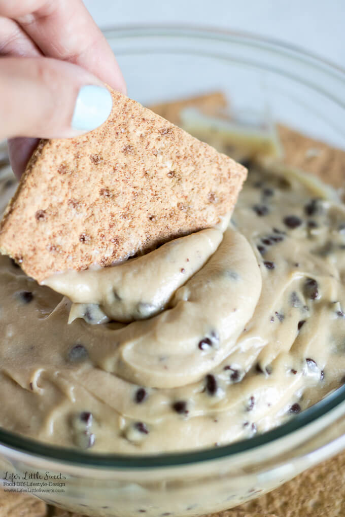 Chocolate Chip Cookie Dough Dip Recipe is a sweet, crowd-pleasing, easy recipe that can be served for game day, entertaining or dessert. All the flavors of Chocolate Chip Cookie Dough without the eggs or flour!