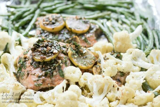 This Sheet Pan Lemon Tarragon Salmon Dinner has savory roasted green beans and cauliflower. This easy-to-clean-up recipe has minimal preparation, tons of flavor and cooks in only 30 minutes! (2-4 servings)