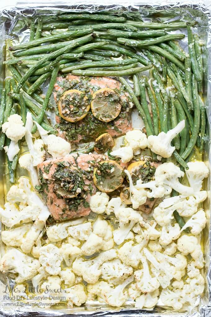 This Sheet Pan Lemon Tarragon Salmon Dinner has savory roasted green beans and cauliflower. This easy-to-clean-up recipe has minimal preparation, tons of flavor and cooks in only 30 minutes! (2-4 servings)