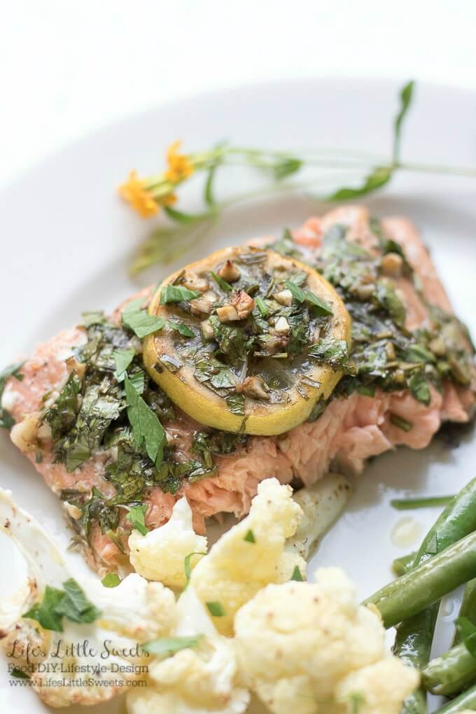 This Sheet Pan Lemon Tarragon Salmon Dinner has savory roasted green beans and cauliflower. This easy-to-clean-up recipe has minimal preparation, tons of flavor and cooks in only 30 minutes! (2-4 servings)