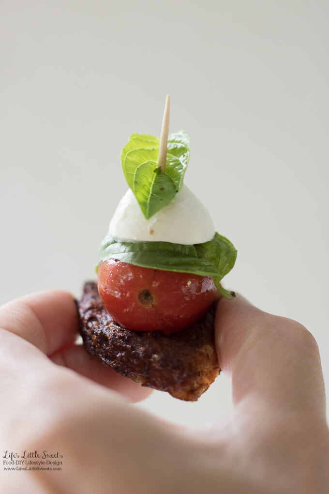 Tomato Basil Mozzarella Black Bean Burger Bites are a savory & delicious recipe perfect for the tailgating season. They are so easy to make with MorningStar Farms® Spicy Black Bean Burgers! (vegetarian) #TailgateWithATwist #SeasonalSolutions #CollectiveBias #ad